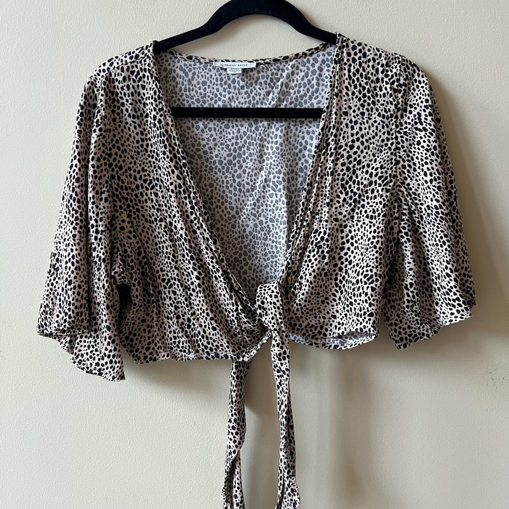 American Eagle Outfitters Black and White Crop Blouse with Tie-Front